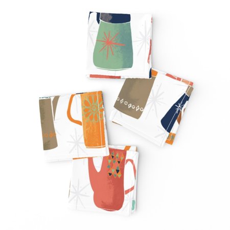 Cocktail Napkins Mid Century Coffee Vintage Look Modern Orange Blue Set of 4