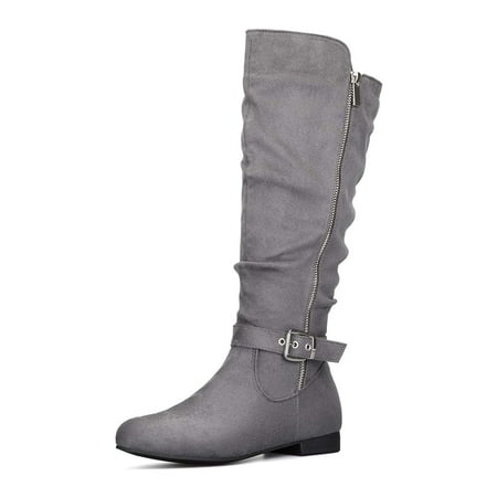 mysoft Women s Knee High Riding Boots Gray Low Block Heel Tall Boots