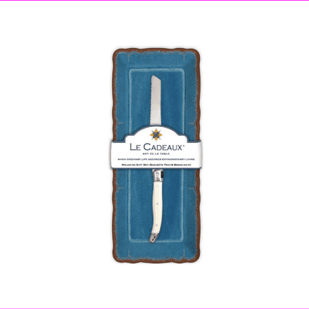 Le Cadeaux Antiqua Baguette Tray and Laguiole Bread Knife Gift Set Blue