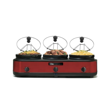 Elite EWMST-325R 2.5-Quart Triple Slow Cooker Buffet with lid rest, Red