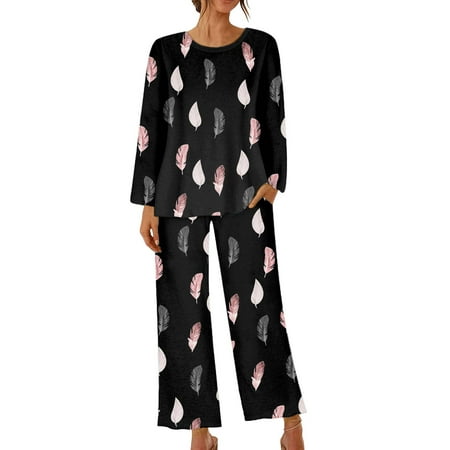 

qolati Womens 2 Piece Pajama Sets Floral Print Long Sleeve Tops with Wide Legs Pants Sleepwear Matching Outfits Comfortable Soft Loungewear Pjs Suits