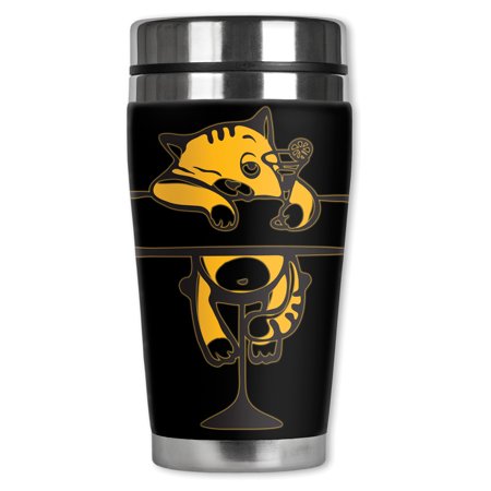 Mugzie brand 16-Ounce Stainless Steel Travel Mug with Insulated Wetsuit Cover - Drunk Kitty
