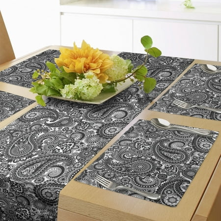 

Paisley Table Runner & Placemats Oriental Themed Pattern with Traditional Elements Lace Like Design Set for Dining Table Decor Placemat 4 pcs + Runner 16 x72 White and Charcoal Grey by Ambesonne