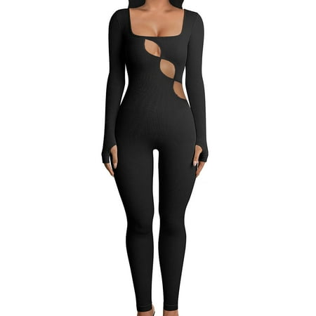 Ma&Baby Women Full Length Jumpsuit Square Neck Short/Long Sleeve Playsuit Skinny One-piece Bodysuit