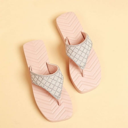 NEGJ Ladies Shoes Summer Beach Slippers Pearl Rhinestone Flip Flops