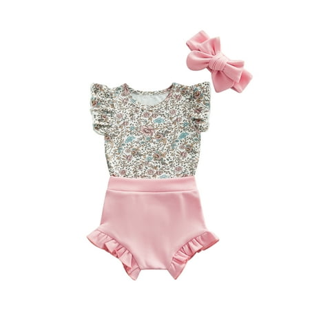 Suanret Infant Baby Girls 3Pcs Clothes Sets Flower Print Fly Sleeves Romper + Ribbed Shorts + Headdress Outfits Pink 12-18 Months
Suanret Infant Baby Girls 3Pcs Clothes Sets Flower Print Fly Sleeves Romper + Ribbed Shorts + Headdress Outfits Pink 12-18 Months
