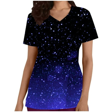 HAPIMO Women s Trendy Scrub Tops with Pocket Clearance Short Sleeve Shirts Fashion Summer Galaxy Gradient Tees V Neck Pullover Nursing Working Comfy Sale Clothing Purple XL