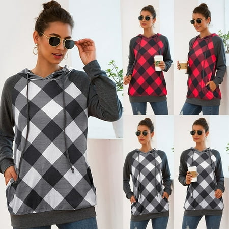 New Autumn Women´s Plaid Sweatshirts Pullover Hooded Tops with Drawstrings Casual Long Sleeve Hoodie Blouse S-XL
