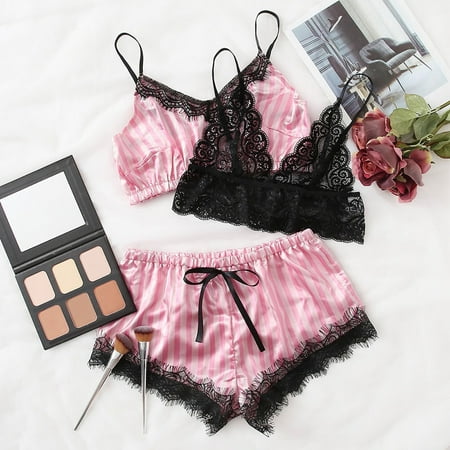 Follure 3pc Women Lace Bra Camisole Pajamas Sleepwear Shorts Lingerie Set