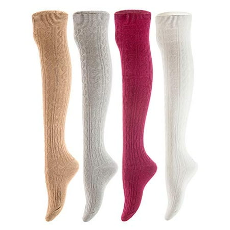 Lian LifeStyle Women s 4 Pairs Over Knee High Thigh-High Cotton Socks LLS1024 Size 6-9(Beige Light Grey Wine White)