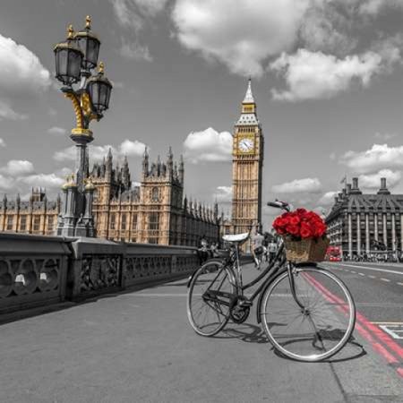Bicycle with bunch of flowers on Westminster Bridge London UK Stretched Canvas - Assaf Frank (12 x 12)