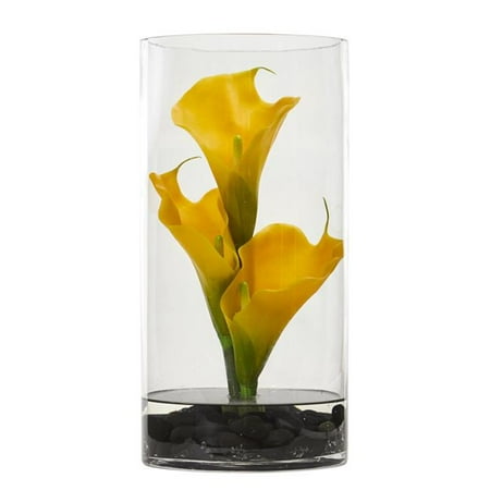Nearly Natural 1521-YL 12 in. Calla Lily Artificial Arrangement in Cylinder Glass, Yellow