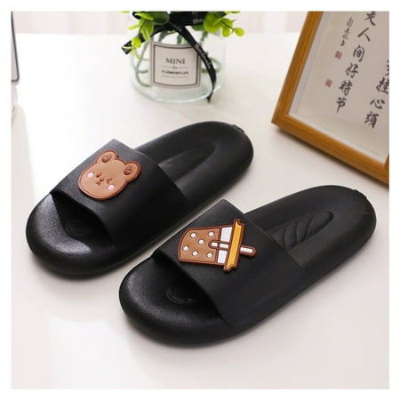 Beach Sandals Non-slip Shower Bathroom Slippers Soft Summer Slide Sandals Black 38-39 Milk Tea Bear