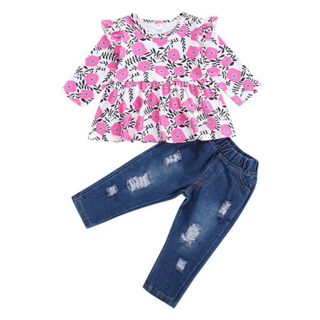 One opening Baby Girl s Floral Long Sleeve Round Neck Top + Denim Pants Set