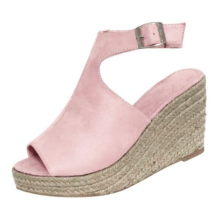 

GYUJNB Sandals for Women Dressy Women s Ladies Fashion Solid Wedges Casual Buckle Strap Roman Shoes Sandals Pink Size 12.5