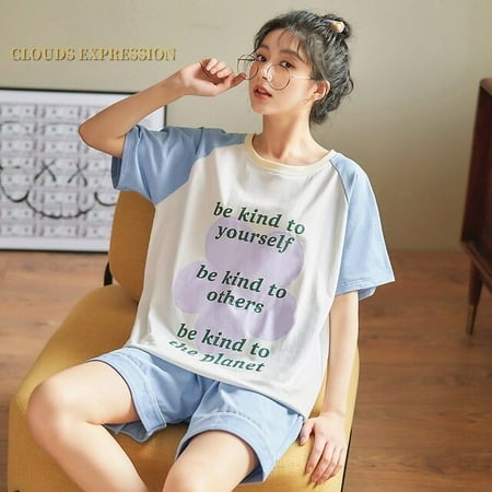 QWZNDZGR Summer New Knitted Cotton Cartoon Girls Pajamas Set Women s Pajamas Leisure Home Clothes Set Short Sleeved Pyjamas Set Fashion