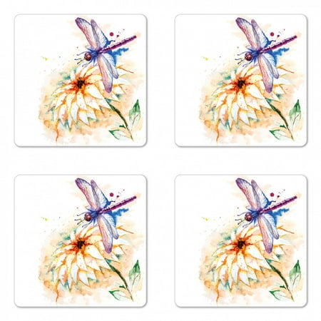 

Dragonfly Coaster Set of 4 Watercolor Lily Flower and Flying Bug over It Nature Spring Theme Print Square Hardboard Gloss Coasters Standard Size Multicolor by Ambesonne