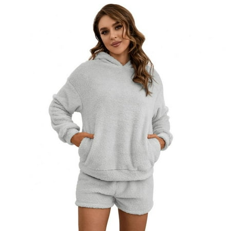 Promotion Clearance! Women 2 Piece Outfits Furry Hooded Sweatshirt Warm Double-sided Plush Casual Jumpsuit for Home Wear Tracksuit Set
