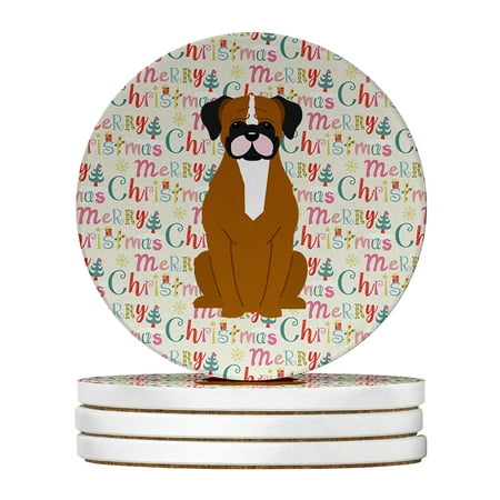 Merry Christmas Flashy Fawn Boxer Large Sandstone Coasters Pack of 4 4 in x 4 in