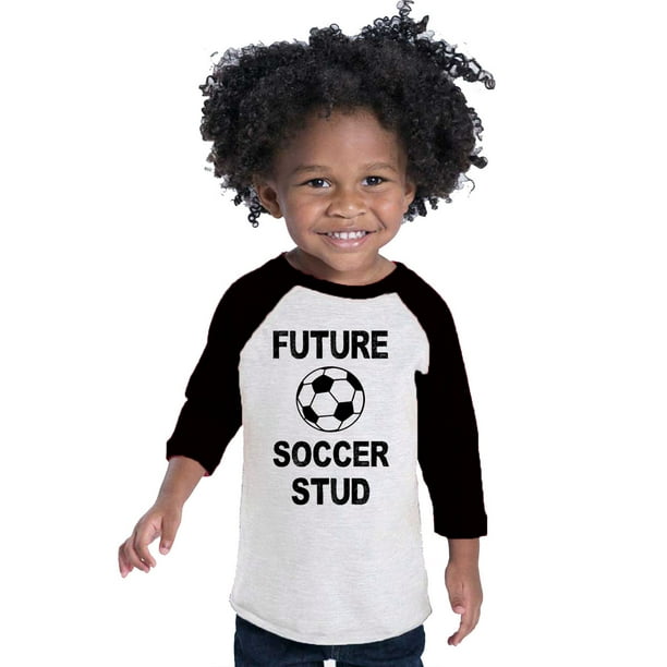 Kids Cute Soccer Baseball Raglan “Future Soccer Stud” Toddler & Youth 3/4 Sleeves Sport Baseball Tee Toddler 5/6T, Black