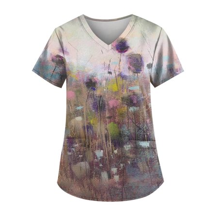 Summer Tops Women Scrub Tops Short Sleeve With Pocket Fashion Printed V-Neck T Shirts For Everyday Wear
