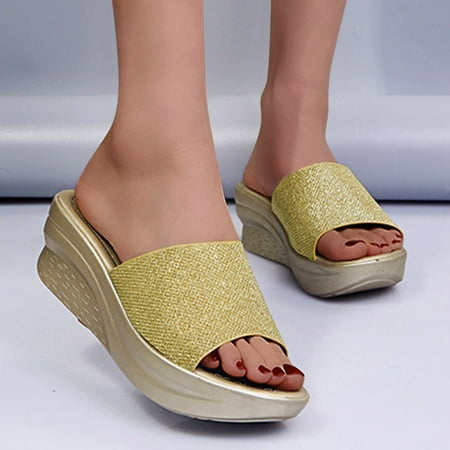 Daznico Slippers for Women Summer Womens Wedges Open Toe Thick Soled Roman Slippers Sandals Gold 6.5