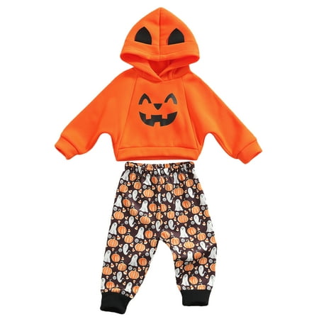 

Canrulo Infant Toddler Boy Girl Smiley Hooded Tops Pumpkin Ghost Print Long Pants Sets Orange 12-18 Months