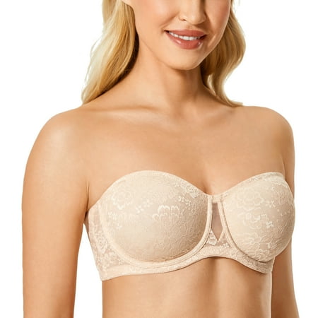 DELIMIRA Women s Strapless Bra Underwire Unlined Bandeau Floral Lace