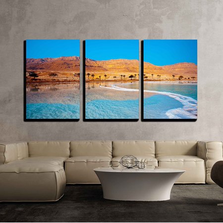 wall26 - 3 Piece Canvas Wall Art - Dead Sea Seashore with Palm Trees and Mountains on Background - Modern Home Decor Stretched and Framed Ready to Hang - 16"x24"x3 Panels