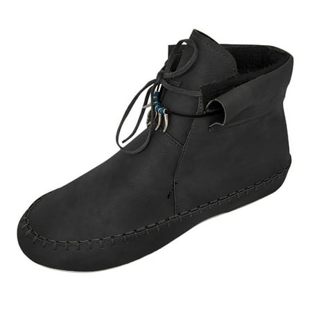 Rdeuod Womens Boots and Men Fashion Casual Warm Lace Up Short Ankle Boots Flat Leather Shoes