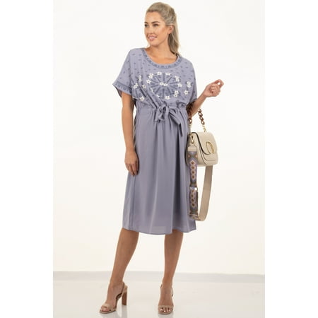 Embroidered Short Sleeve Dress with Adjustable Belt
