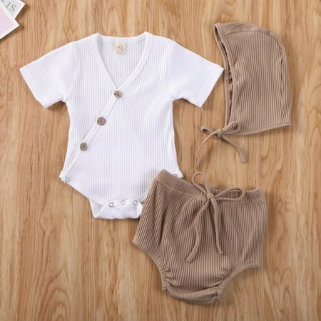 Newborn Infant Baby Kids Cotton Romper 3Pcs Outfits Ribbed Sleeveless V Neck Romper Tops Striped Short Pants with Hat Cap Clothes Set
Newborn Infant Baby Kids Cotton Romper 3Pcs Outfits Ribbed Sleeveless V Neck Romper Tops Striped Short Pants with Hat Cap Clothes Set