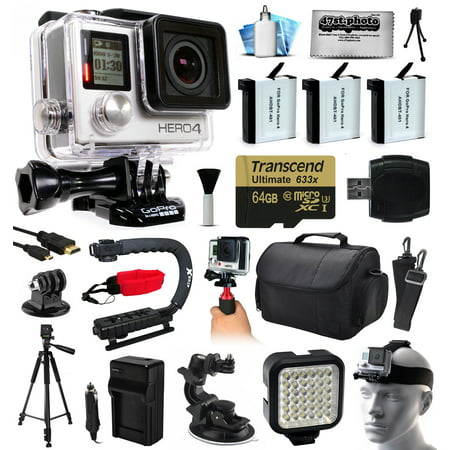 GoPro Hero 4 HERO4 Black Edition 4K Action Camera Camcorder with 64GB MicroSD, 3x Battery, Charger, Large Case, Handle, Tripod, Car Mount, LED Video Light, Head Helmet Strap, Cleaning Kit