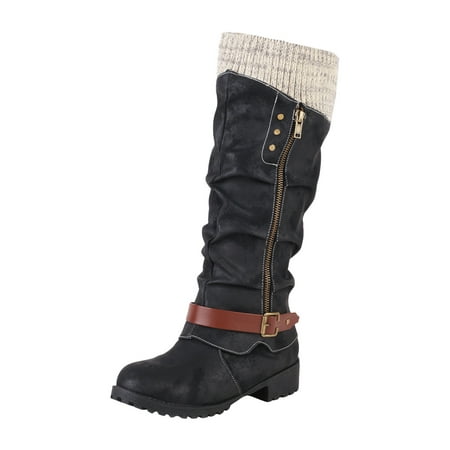 

GWAABD Boots for Women s Winter Side Zipper Color Blocking Knitting Wool Low Heel Medium Boots