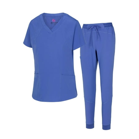 ACTIVE UNIFORMS Womens Cool 4-Way Stretch Jogger Scrub Set (Ceil Blue Large)
