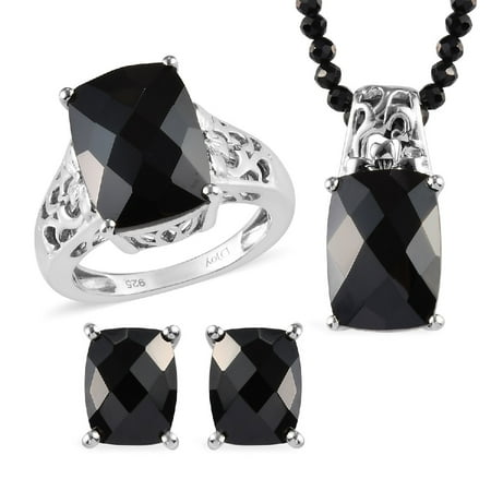 925 Sterling Silver Platinum Plated Cushion Black Spinel Ring Earrings Pendant Necklace Jewelry for Women Gift Size 8 & 20"