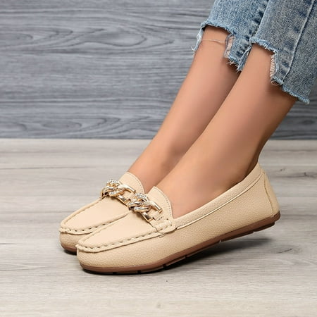Women‘s Flat Shoes Metal Decor Slip-on Loafers Faux Leather Ballet Shoes