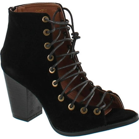 Yoki Brie Women s Lace Up Stacked Heel Peep Toe Ankle Booties Sandals Black 5.5