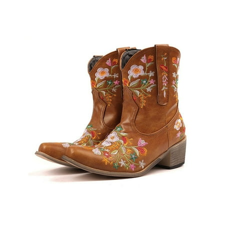 Audeban Women s Embroidered Mid Calf Booties Chunky Cowboy Boots Casual Slip On Shoes
