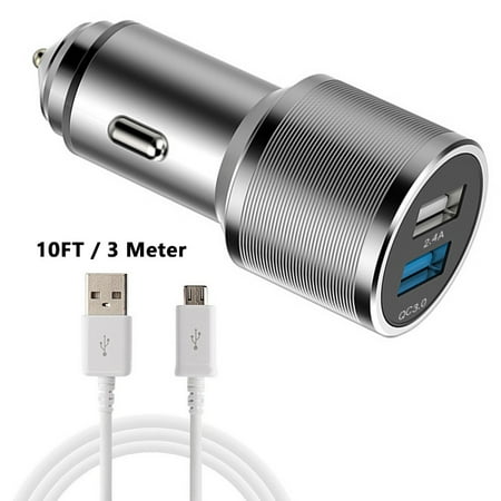 UrbanX Dual USB Car Charger with QC 3.0 and 2.4A Ports Emergency Window Breaker and 10 FT Micro USB Cable Compatible with Blu PURE XL - White