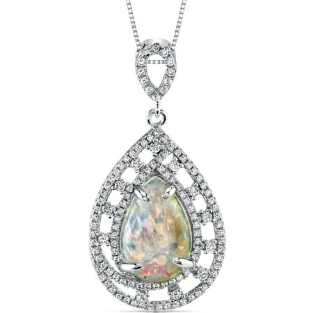 Peora 2.50 Carat T.G.W. Pear Cabochon Created Opal Rhodium over Sterling Silver Pendant, 18