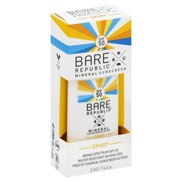 Bare Republic Mineral Sport Sunscreen Stick, SPF 50, Reef Friendly, Non-Nano, 80 Minute Water Resistance, 0.5 OZ