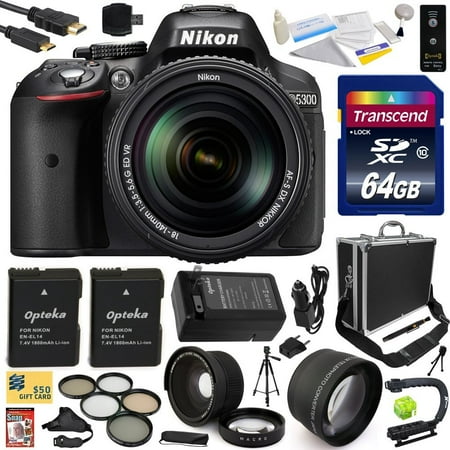 Nikon D5300 24.2 MP CMOS Digital SLR Camera with 18-140mm f\/3.5-5.6G ED VR AF-S DX NIKKOR Zoom Lens (Black) (13303) with 64GB SD Memory Card, Tripod, Hard Case, HDMI Cable, (2) Extra Battery and more Nikon D5300 24.2 MP CMOS Digital SLR Camera with 18-140mm f\/3.5-5.6G ED VR AF-S DX NIKKOR Zoom Lens (Black) (13303) with 64GB SD Memory Card, Tripod, Hard Case, HDMI Cable, (2) Extra Battery and more