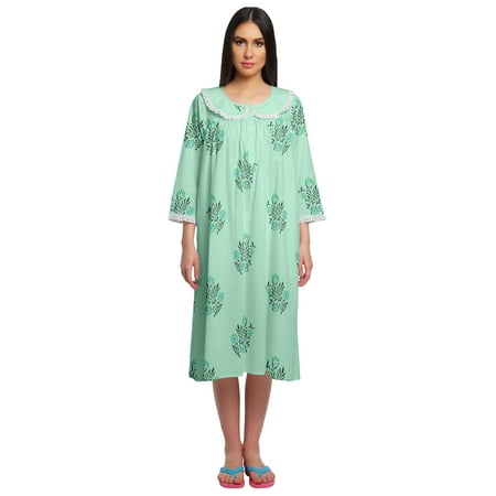 Moomaya Button Placket Knee Long Nightdress For Women Printed Nightwear