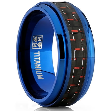 Men's Blue Titanium Wedding Bands Ring With Black and Red Carbon Fiber Inlay, 9mm
