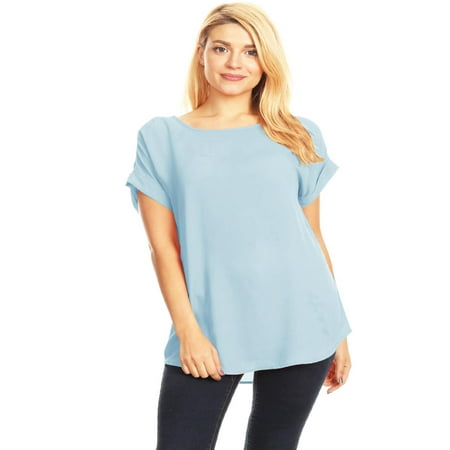 MOA COLLECTION Women's Solid Casual Lightweight Relax Fit Wool Dobby Short Cuff Sleeve Tunic Tee Top