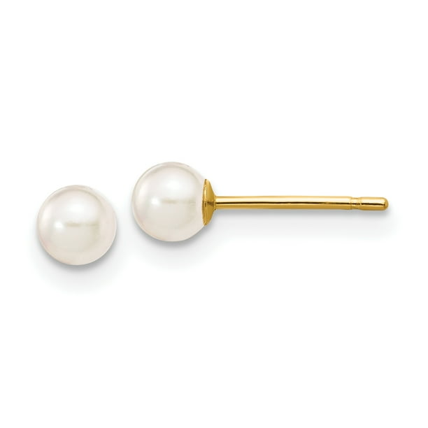 14k Yellow Gold 4mm Round White Saltwater Akoya Cultured Pearl Stud Post Earrings Ball Button