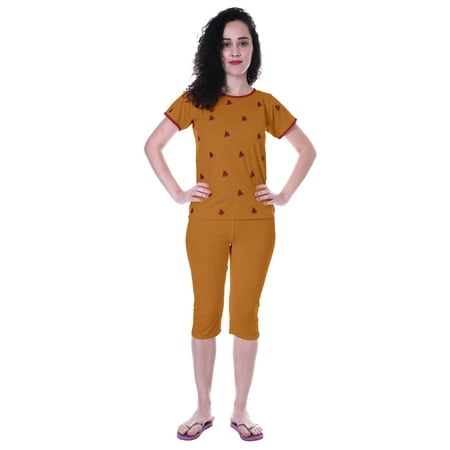 Moomaya Nightwear Set Watermelon Embroidered Capri T-shirt 2 Pcs Set Sleepwear