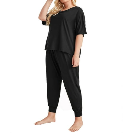 

Womens Plus Pajamas Sets Plain Pant Sets Sleepwear PJ Set Black 1XL