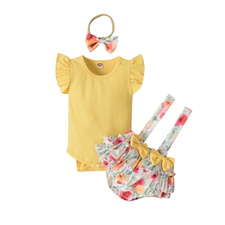 Baby Girls Ribbed Solid Tops+Floral Suspender Shorts+Headbands Outfits For 0-3 Months
Baby Girls Ribbed Solid Tops+Floral Suspender Shorts+Headbands Outfits For 0-3 Months